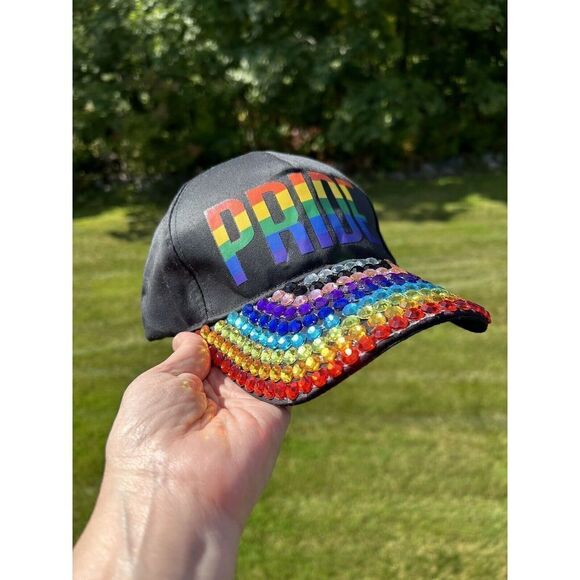 Pride Rainbow Hat Cap Snap Back Black Adjustable Gemstone Bling New No Tags - Picture 1 of 5